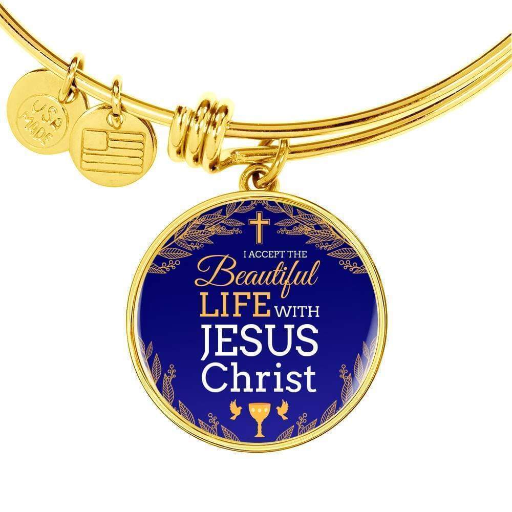 I Accept Life With Jesus Christ Personalized Engraved Gold Circle Bangle Bracel